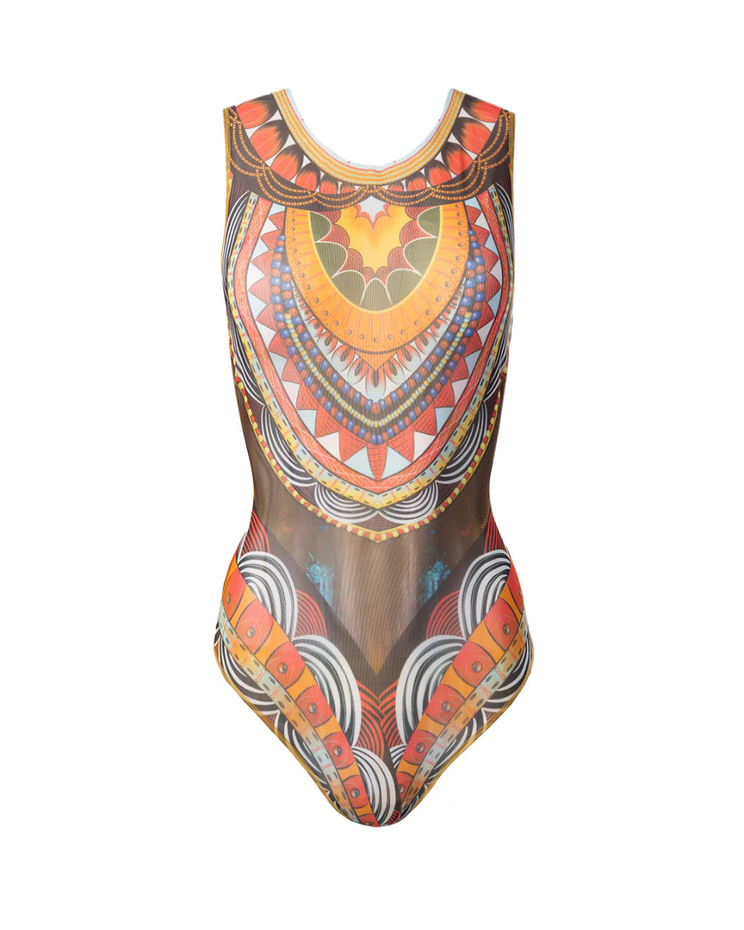 Designer sleeveless one-piece swimsuit with sheer mesh front and an intricate, colorful African dashiki-inspired geometric print in orange, red, yellow, brown, and white | RODA