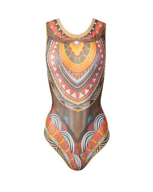 Designer sleeveless one-piece swimsuit with sheer mesh front and an intricate, colorful African dashiki-inspired geometric print in orange, red, yellow, brown, and white | RODA