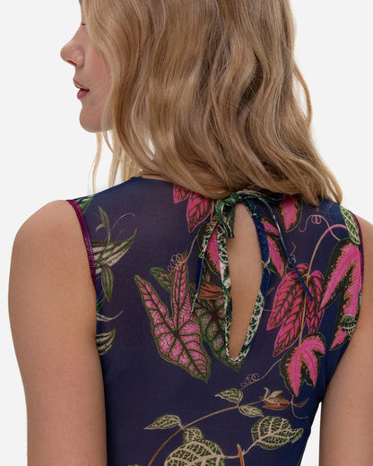 Designer sleeveless one-piece swimsuit with a detailed tropical leaf print on a dark navy blue background | RODA