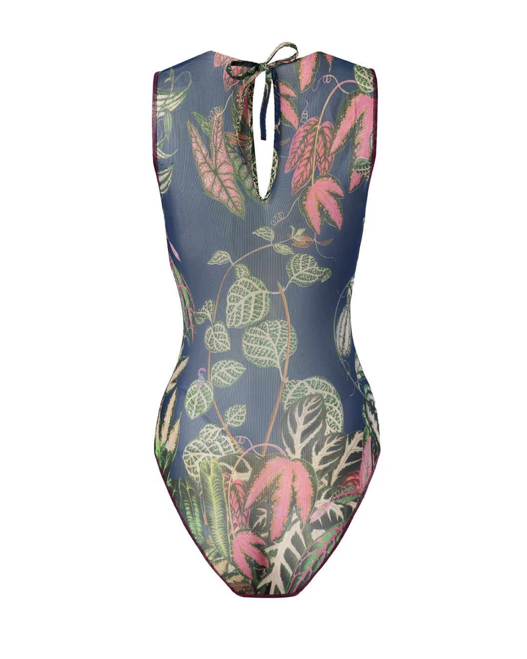 Designer sleeveless one-piece swimsuit with a detailed tropical leaf print on a dark navy blue background | RODA
