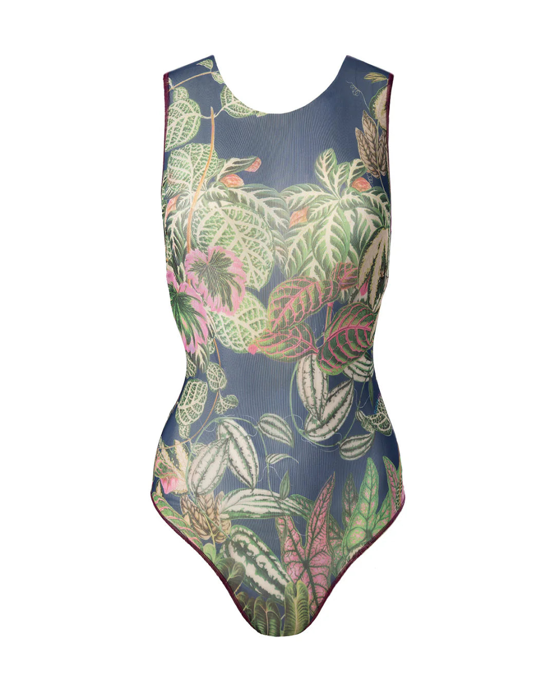 Designer sleeveless one-piece swimsuit with a detailed tropical leaf print on a dark navy blue background | RODA