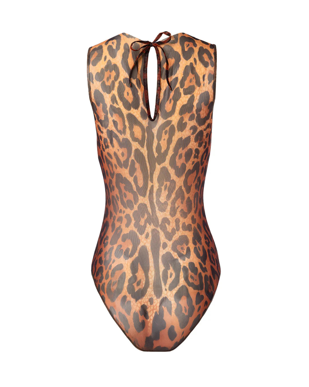 Designer sleeveless one-piece swimsuit with leopard print pattern in shades of brown, tan, and black | RODA