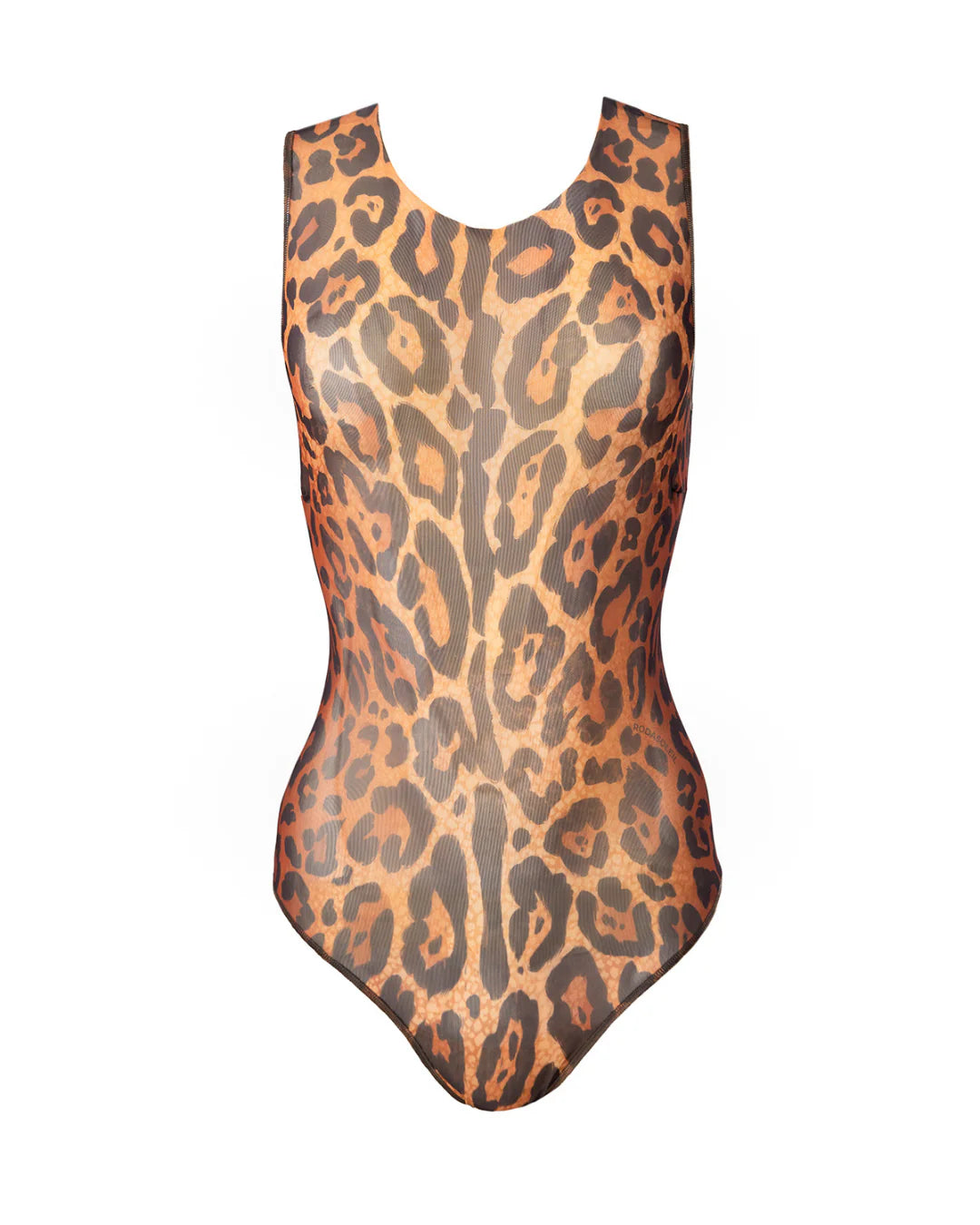 Designer sleeveless one-piece swimsuit with leopard print pattern in shades of brown, tan, and black | RODA