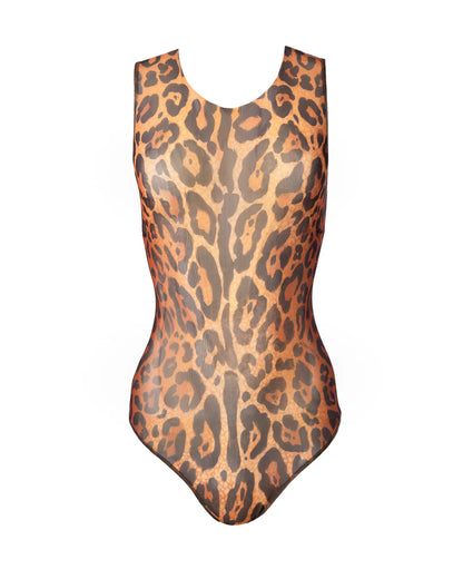 Designer sleeveless one-piece swimsuit with leopard print pattern in shades of brown, tan, and black | RODA