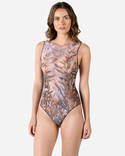 Designer sleeveless one-piece swimsuit with an abstract botanical leaf pattern in muted pink, brown, and gray tones | RODA