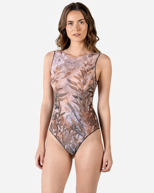 Designer sleeveless one-piece swimsuit with an abstract botanical leaf pattern in muted pink, brown, and gray tones | RODA