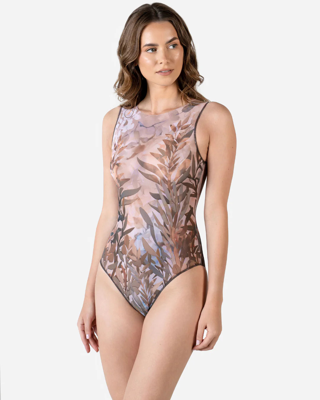 Designer sleeveless one-piece swimsuit with an abstract botanical leaf pattern in muted pink, brown, and gray tones | RODA