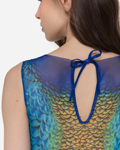 Designer sleeveless one-piece swimsuit with a vibrant peacock-inspired print with blue, green, gold, and orange tones | RODA