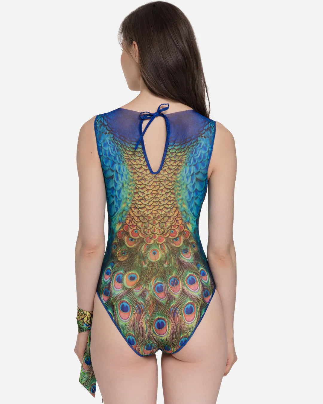 Designer sleeveless one-piece swimsuit with a vibrant peacock-inspired print with blue, green, gold, and orange tones | RODA