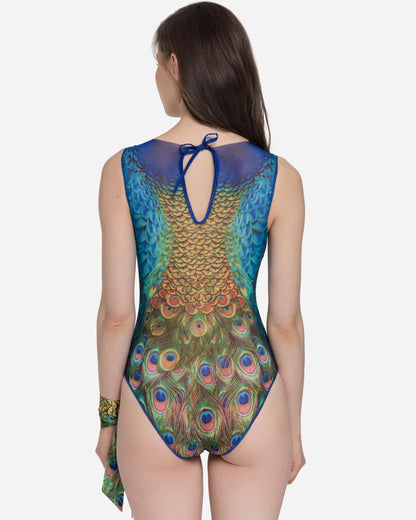 Designer sleeveless one-piece swimsuit with a vibrant peacock-inspired print with blue, green, gold, and orange tones | RODA