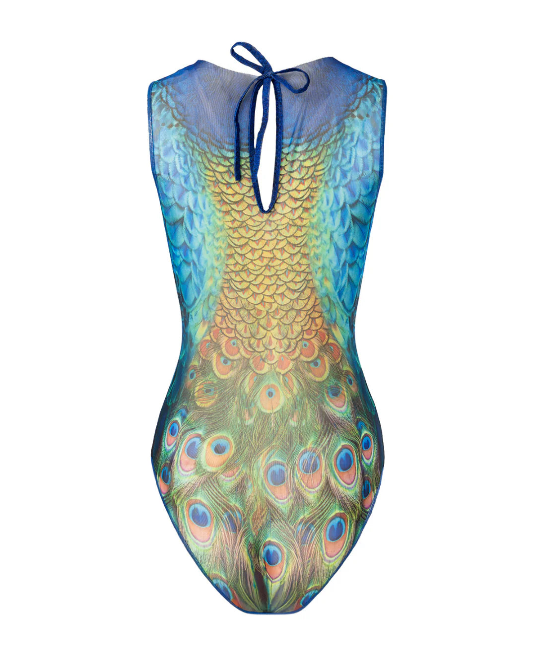 Designer sleeveless one-piece swimsuit with a vibrant peacock-inspired print with blue, green, gold, and orange tones | RODA