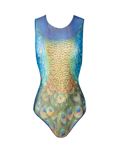 Designer sleeveless one-piece swimsuit with a vibrant peacock-inspired print with blue, green, gold, and orange tones | RODA