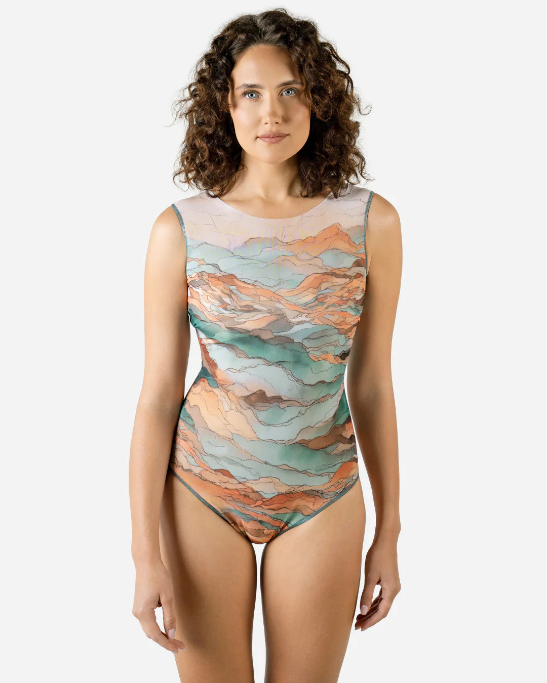 Designer sleeveless one-piece swimsuit with a watercolor-style abstract landscape print in shades of teal, peach, orange, and beige | RODA