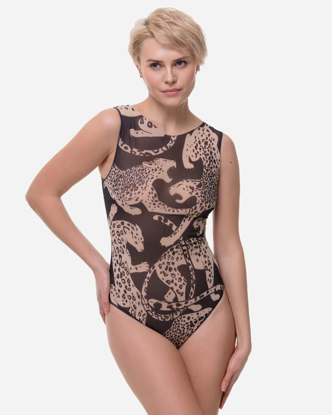 Designer sleeveless one-piece swimsuit with a dark brown and beige animal print pattern | RODA