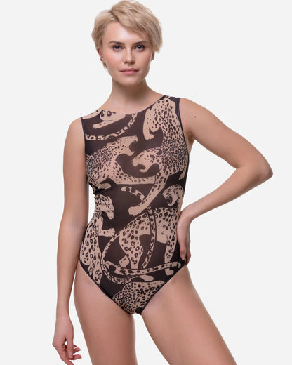 Designer sleeveless one-piece swimsuit with a dark brown and beige animal print pattern | RODA