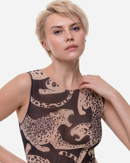 Designer sleeveless one-piece swimsuit with a dark brown and beige animal print pattern | RODA