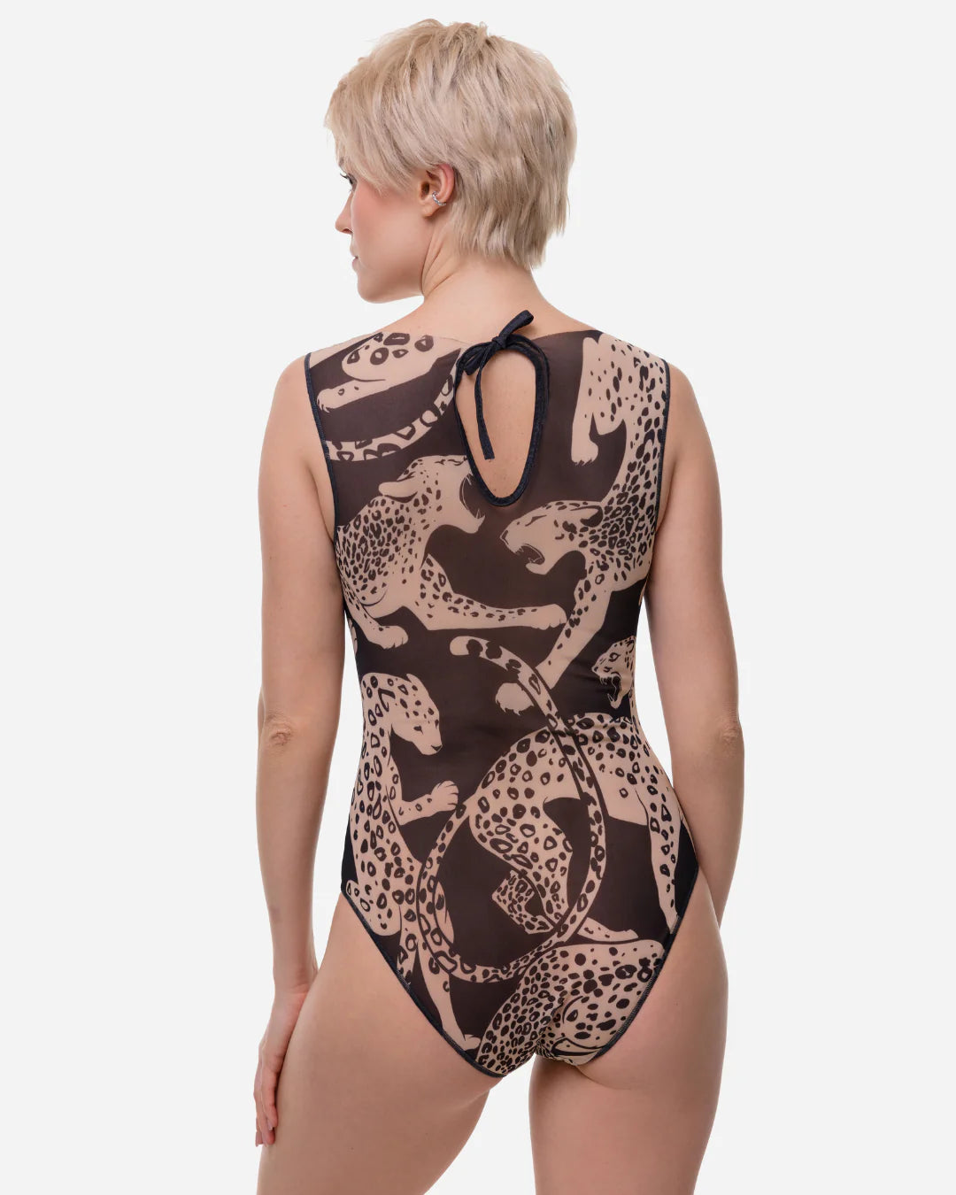 Designer sleeveless one-piece swimsuit with a dark brown and beige animal print pattern | RODA