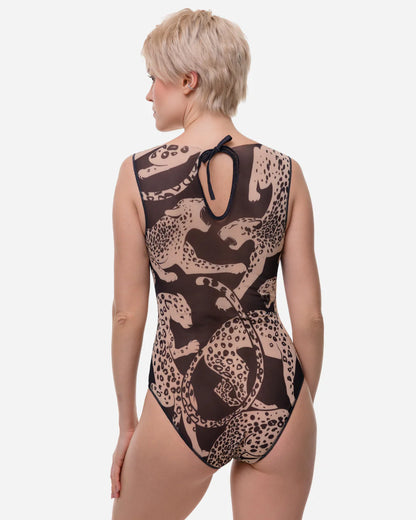 Designer sleeveless one-piece swimsuit with a dark brown and beige animal print pattern | RODA