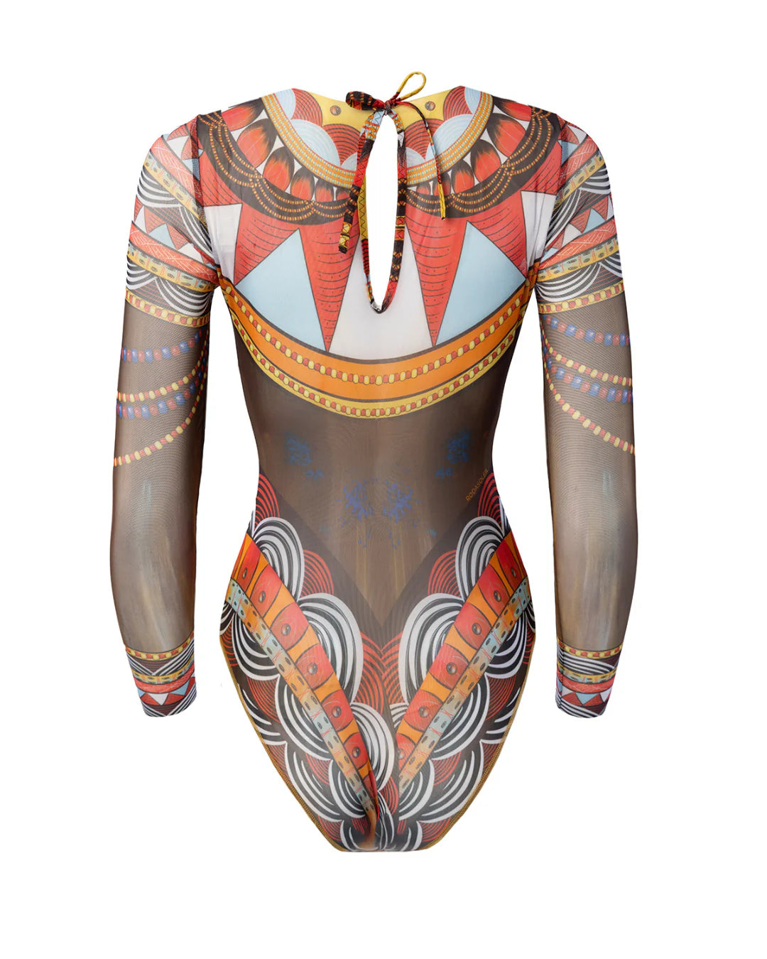 Designer long-sleeve one-piece swimsuit with a sheer mesh base and an intricate, colorful tribal-inspired geometric print featuring orange, red, yellow, black, and white patterns | RODA