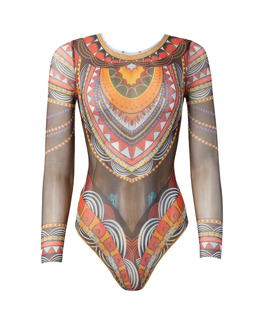 Designer long-sleeve one-piece swimsuit with a sheer mesh base and an intricate, colorful tribal-inspired geometric print featuring orange, red, yellow, black, and white patterns | RODA