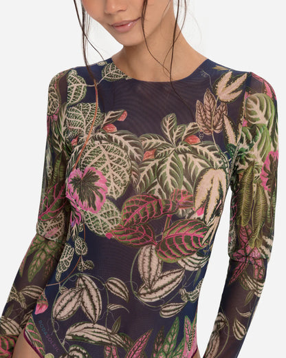 Designer long-sleeve one-piece swimsuit with a botanical jungle print on a sheer mesh fabric, featuring a dusty blue-gray base color with green, pink, and beige leaves | RODA