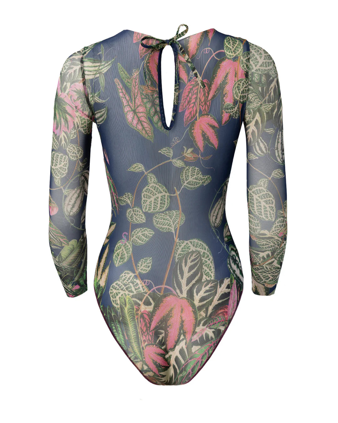 Designer long-sleeve one-piece swimsuit with a botanical jungle print on a sheer mesh fabric, featuring a dusty blue-gray base color with green, pink, and beige leaves | RODA