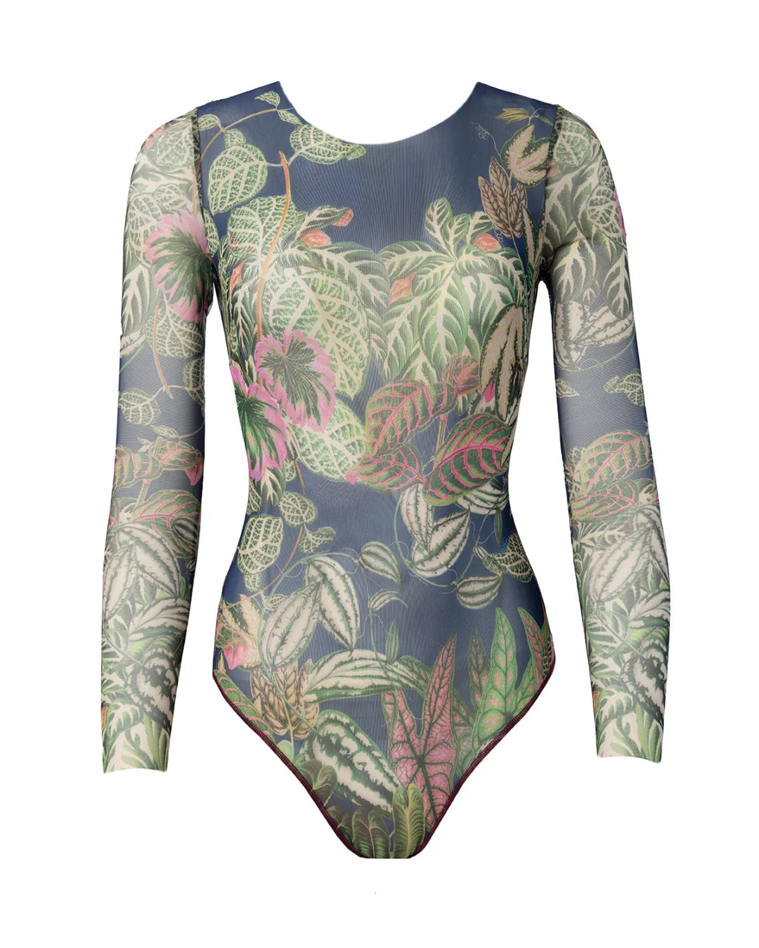 Designer long-sleeve one-piece swimsuit with a botanical jungle print on a sheer mesh fabric, featuring a dusty blue-gray base color with green, pink, and beige leaves | RODA