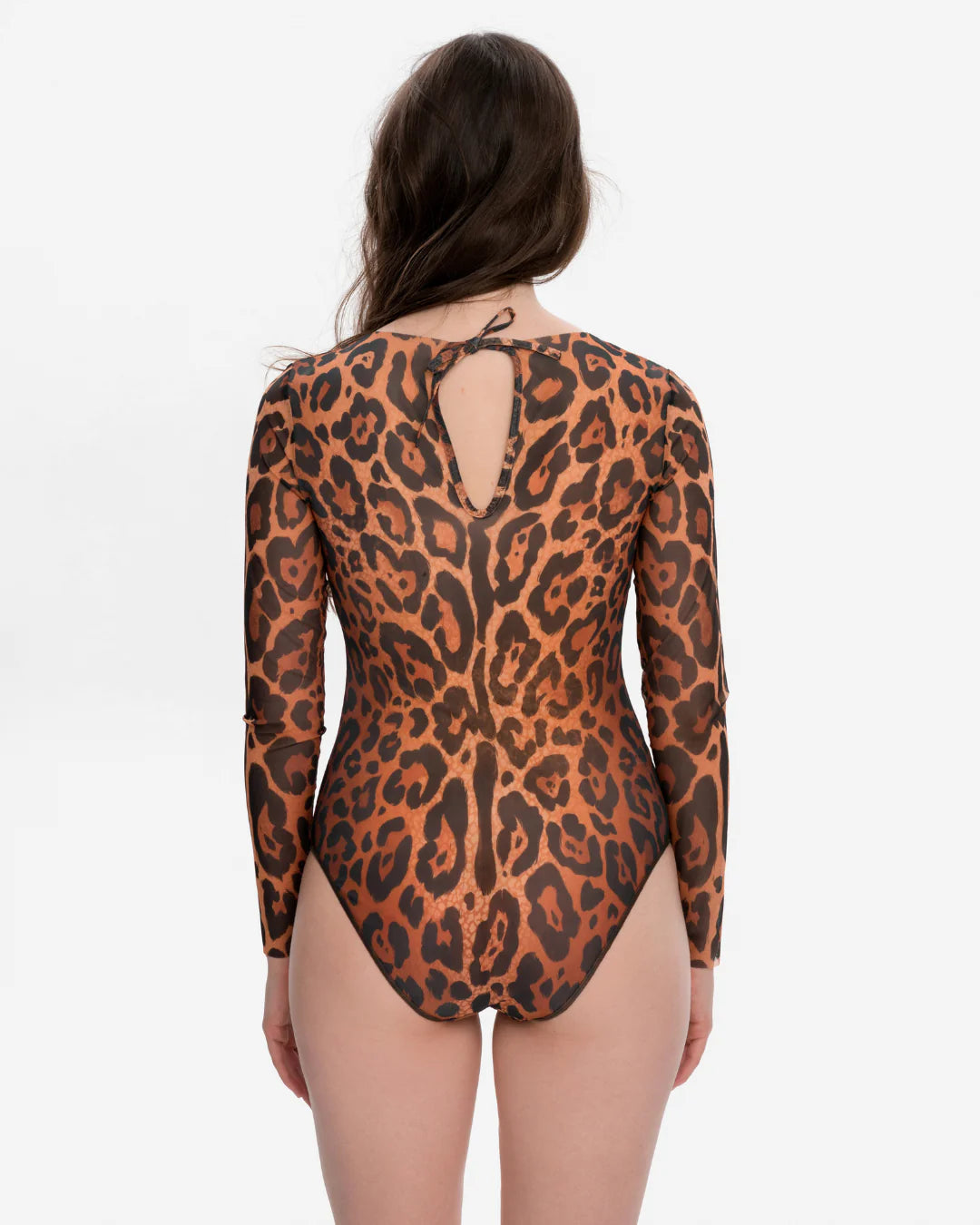 Designer long-sleeve one-piece swimsuit with a leopard print pattern in shades of brown, tan, and black | RODA