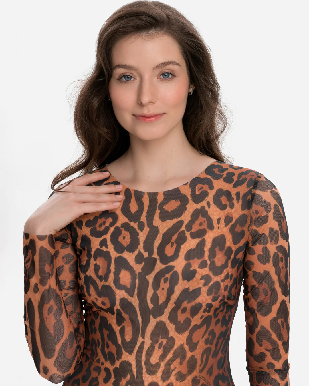 Designer long-sleeve one-piece swimsuit with a leopard print pattern in shades of brown, tan, and black | RODA