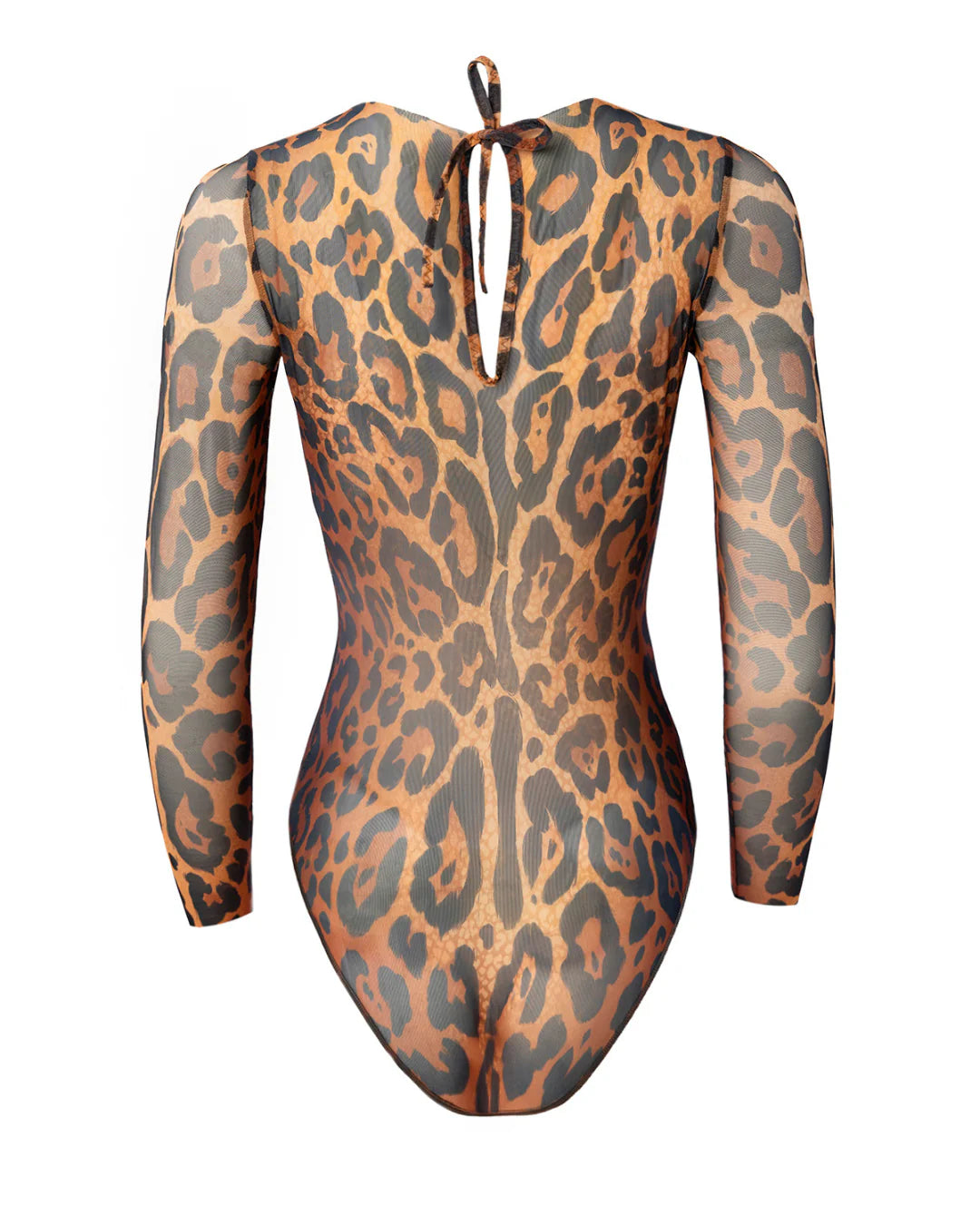 Designer long-sleeve one-piece swimsuit with a leopard print pattern in shades of brown, tan, and black | RODA