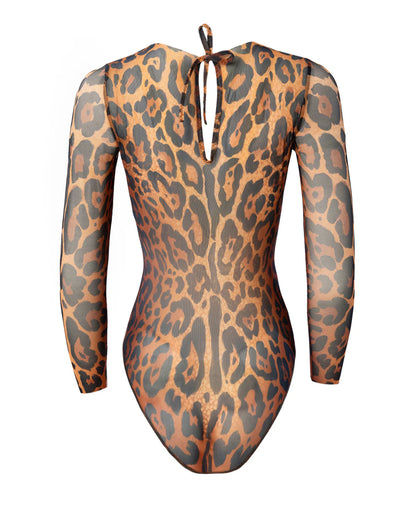Designer long-sleeve one-piece swimsuit with a leopard print pattern in shades of brown, tan, and black | RODA