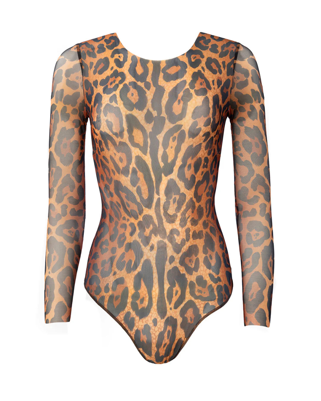Designer long-sleeve one-piece swimsuit with a leopard print pattern in shades of brown, tan, and black | RODA