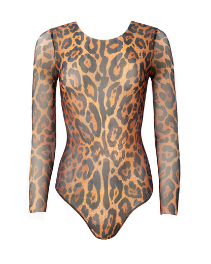 Designer long-sleeve one-piece swimsuit with a leopard print pattern in shades of brown, tan, and black | RODA