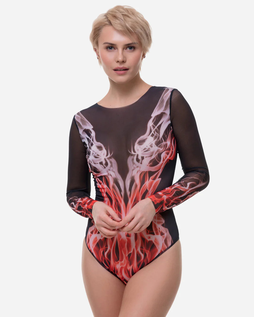 Designer long-sleeve one-piece swimsuit with a sheer black mesh upper body and sleeves, transitioning into a red, orange, and white flame-like graphic print on the lower torso and sleeves | RODA