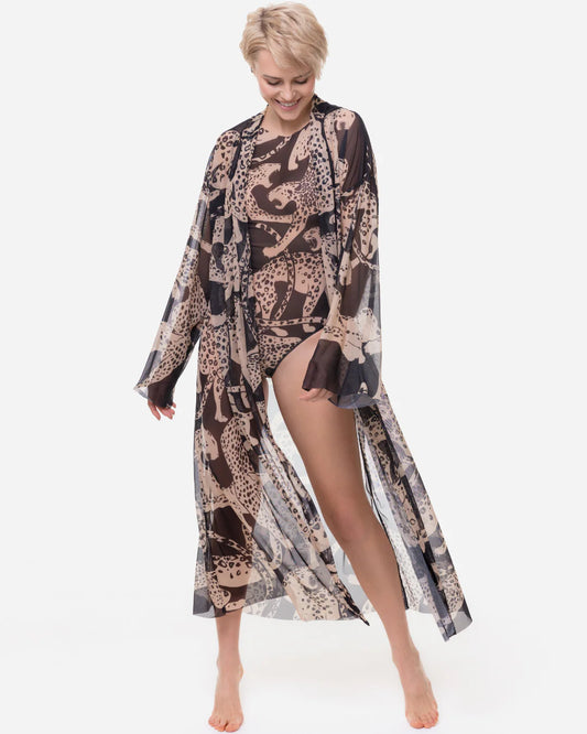 Designer long-sleeved sheer maxi beach robe with an abstract animal print in beige, brown, and black | RODA