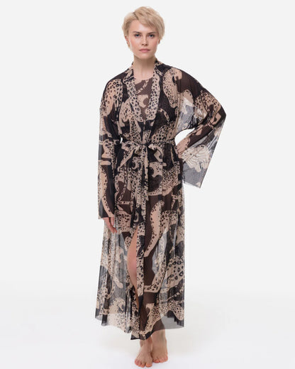 Designer long-sleeved sheer maxi beach robe with an abstract animal print in beige, brown, and black | RODA