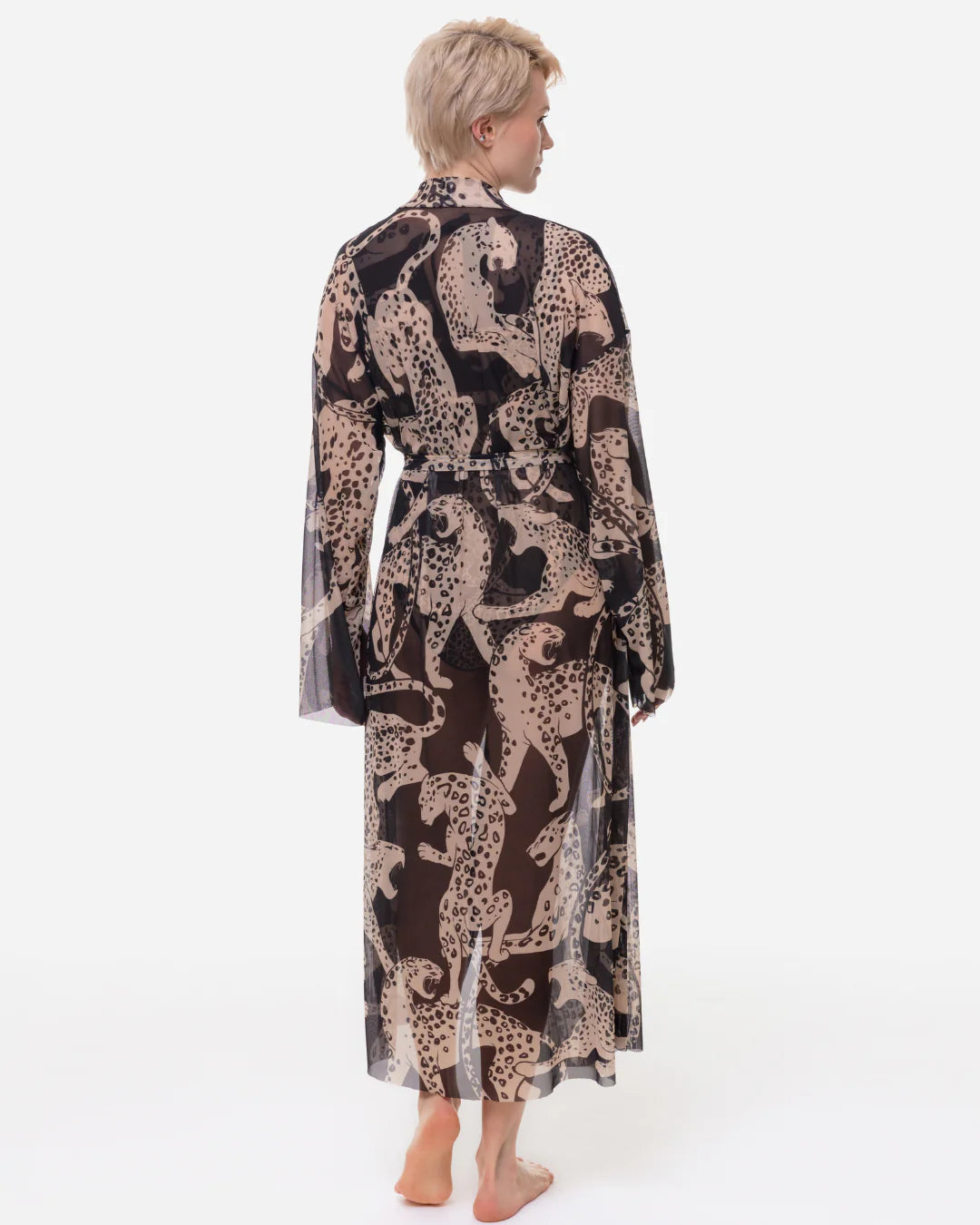 Designer long-sleeved sheer maxi beach robe with an abstract animal print in beige, brown, and black | RODA
