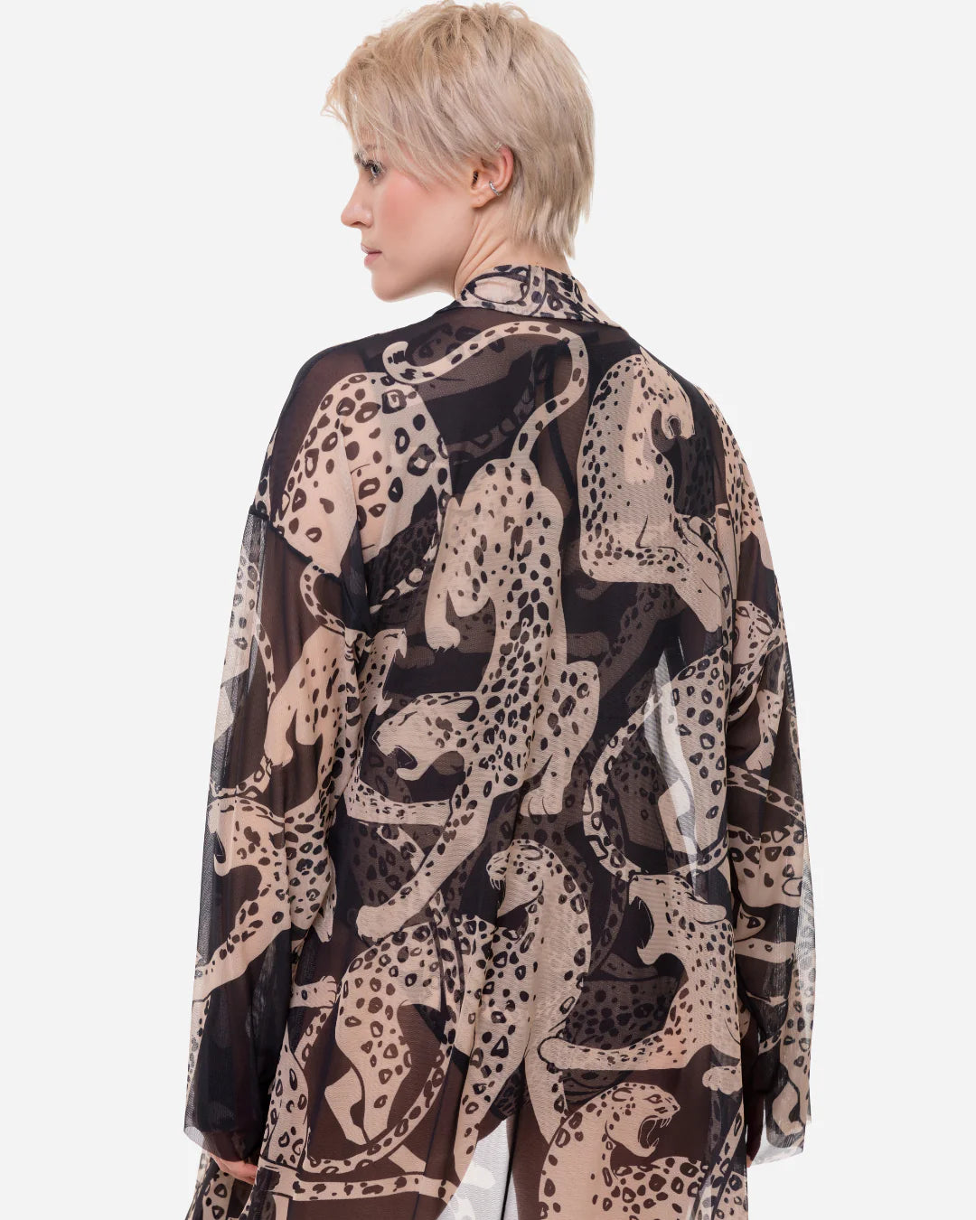 Designer long-sleeved sheer maxi beach robe with an abstract animal print in beige, brown, and black | RODA