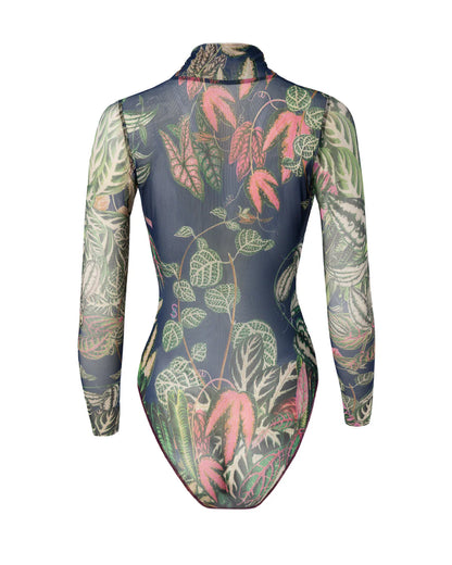 Designer long-sleeve swimsuit with a tropical leaf print in shades of green, pink, and beige over a dark gray base, featuring a dark navy mock neck collar and a dark red front zipper | RODA