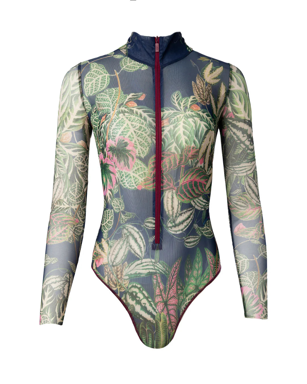 Designer long-sleeve swimsuit with a tropical leaf print in shades of green, pink, and beige over a dark gray base, featuring a dark navy mock neck collar and a dark red front zipper | RODA