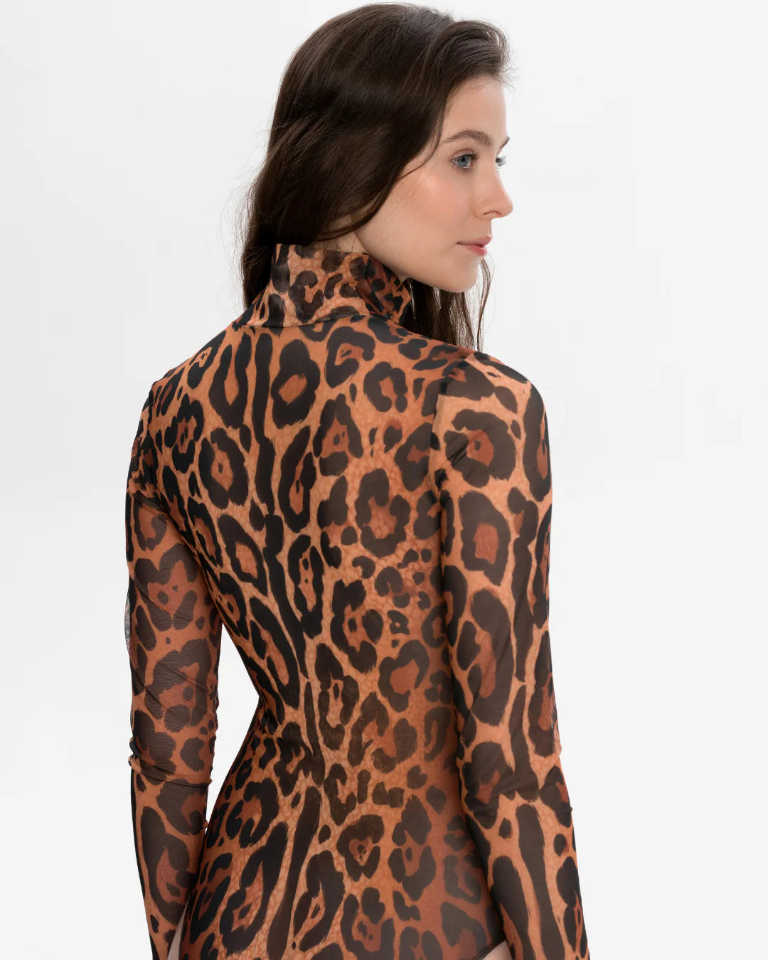 Designer long-sleeve swimsuit with a leopard print pattern in shades of brown, tan, and black, featuring a high mock neck and a front zipper | RODA