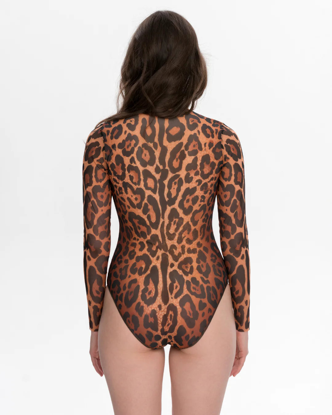 Designer long-sleeve swimsuit with a leopard print pattern in shades of brown, tan, and black, featuring a high mock neck and a front zipper | RODA