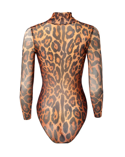 Designer long-sleeve swimsuit with a leopard print pattern in shades of brown, tan, and black, featuring a high mock neck and a front zipper | RODA