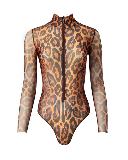 Designer long-sleeve swimsuit with a leopard print pattern in shades of brown, tan, and black, featuring a high mock neck and a front zipper | RODA