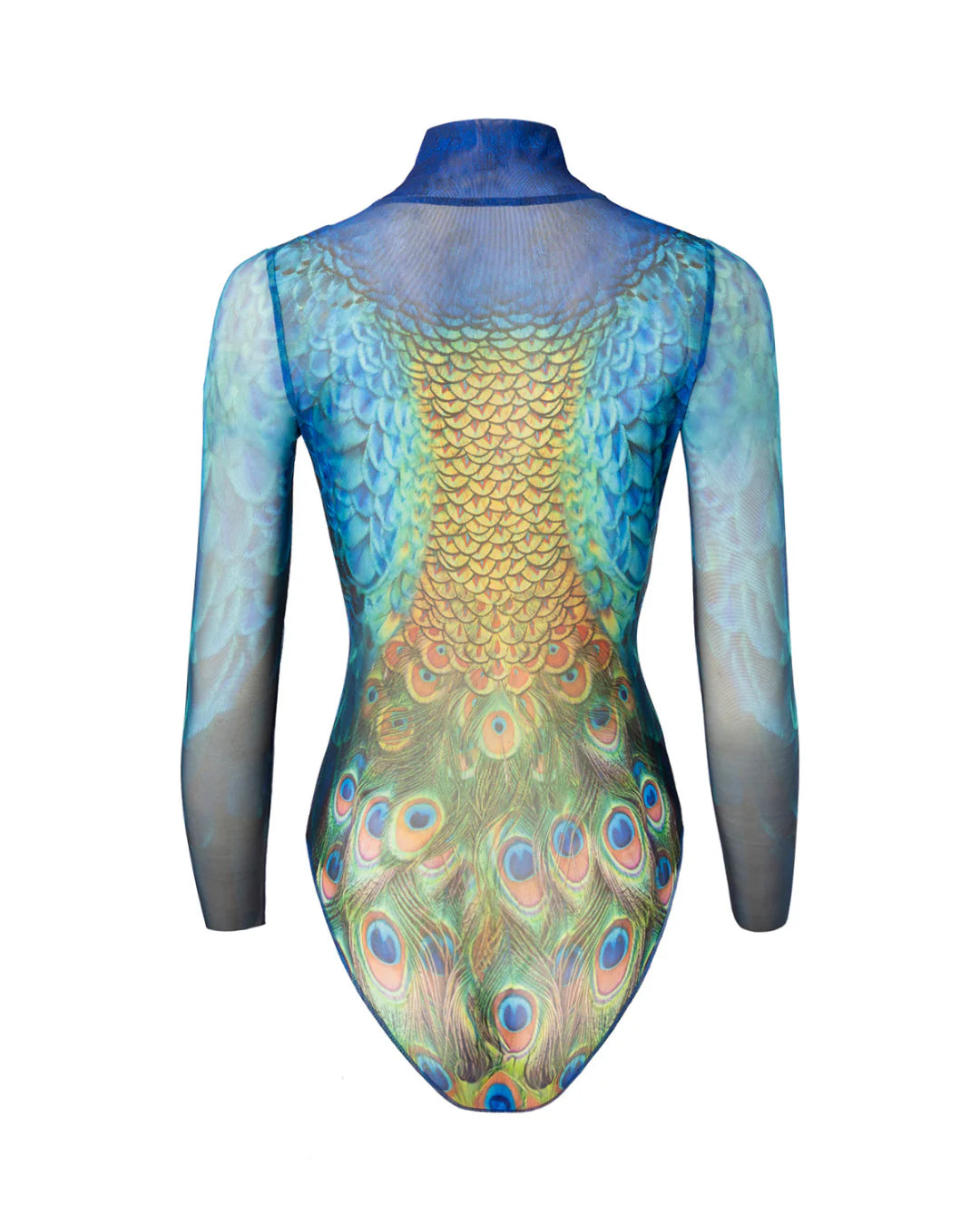 Designer long-sleeve swimsuit with a high collar and a front zipper, featuring a vibrant peacock feather and gold scale pattern in shades of blue, green, yellow, and orange | RODA