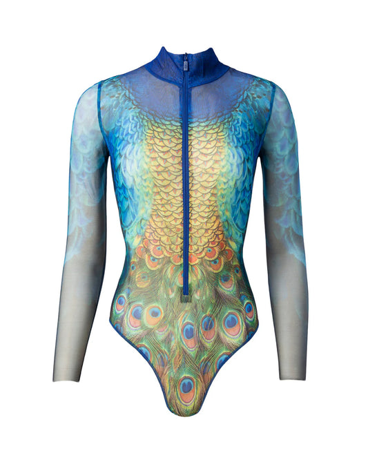 Designer long-sleeve swimsuit with a high collar and a front zipper, featuring a vibrant peacock feather and gold scale pattern in shades of blue, green, yellow, and orange | RODA