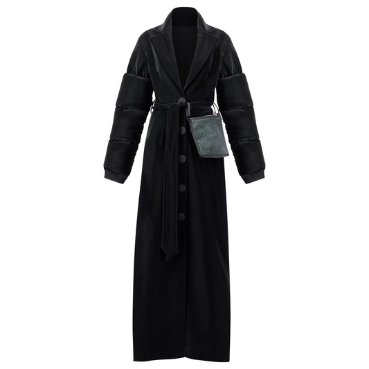 ÚCHÈ Belted Green Bag Trench Coat - Black