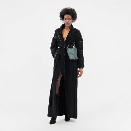 ÚCHÈ Belted Green Bag Trench Coat - Black