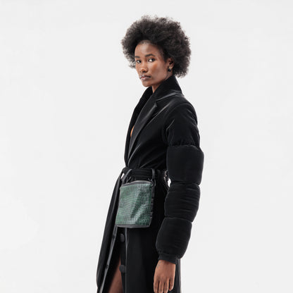 ÚCHÈ Belted Green Bag Trench Coat - Black