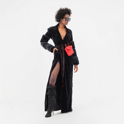 ÚCHÈ Belted Red Bag Trench Coat - Black/Red